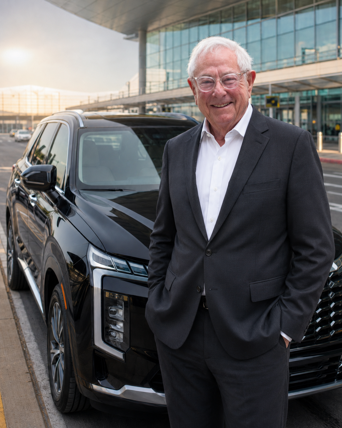 Louis Van Leeuwen at the airport in a suit next to the LVL Car Service SUV